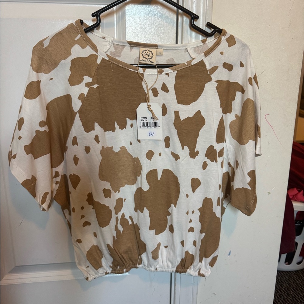 Brown and White Cow Print Top